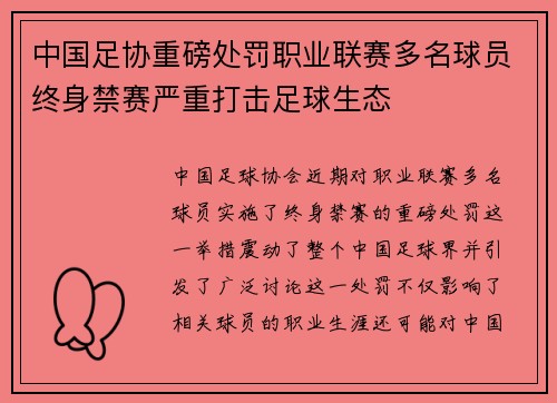 中国足协重磅处罚职业联赛多名球员终身禁赛严重打击足球生态