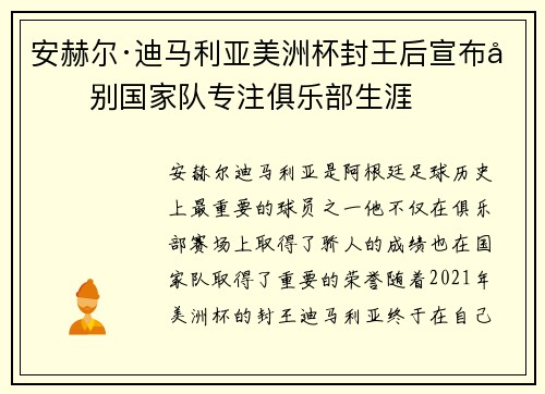 安赫尔·迪马利亚美洲杯封王后宣布告别国家队专注俱乐部生涯 安赫尔·迪马利亚美洲杯封王后宣布告别国家队专注俱乐部生涯