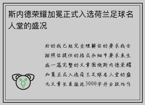 斯内德荣耀加冕正式入选荷兰足球名人堂的盛况