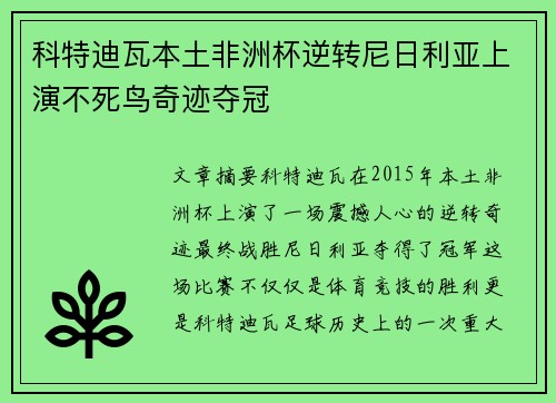 科特迪瓦本土非洲杯逆转尼日利亚上演不死鸟奇迹夺冠 科特迪瓦本土非洲杯逆转尼日利亚上演不死鸟奇迹夺冠