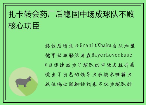 扎卡转会药厂后稳固中场成球队不败核心功臣